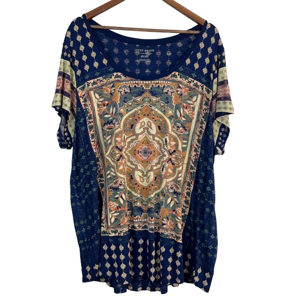 Lucky Brand Top Womens 3X Navy Blue Floral Pattern Knit Short Sleeve‎ Tee Shirt